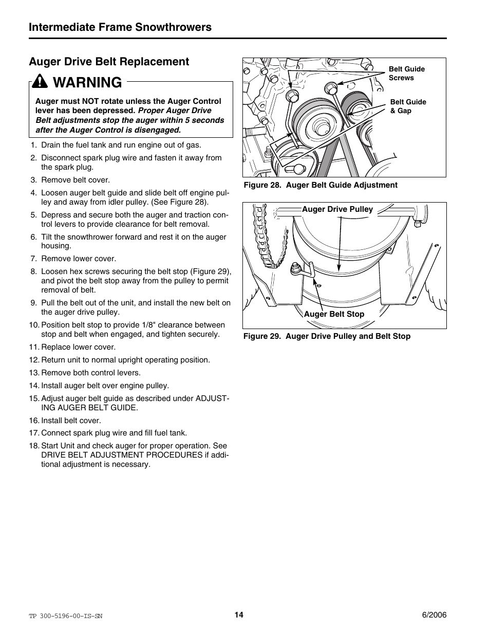 Warning, Intermediate frame snowthrowers, Auger drive belt replacement | Simplicity Manufacturing I7524E User Manual | Page 14 / 16