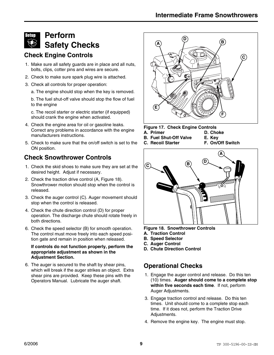 Perform safety checks, Intermediate frame snowthrowers, Check snowthrower controls | Operational checks, Check engine controls | Simplicity Manufacturing I7524E User Manual | Page 9 / 16
