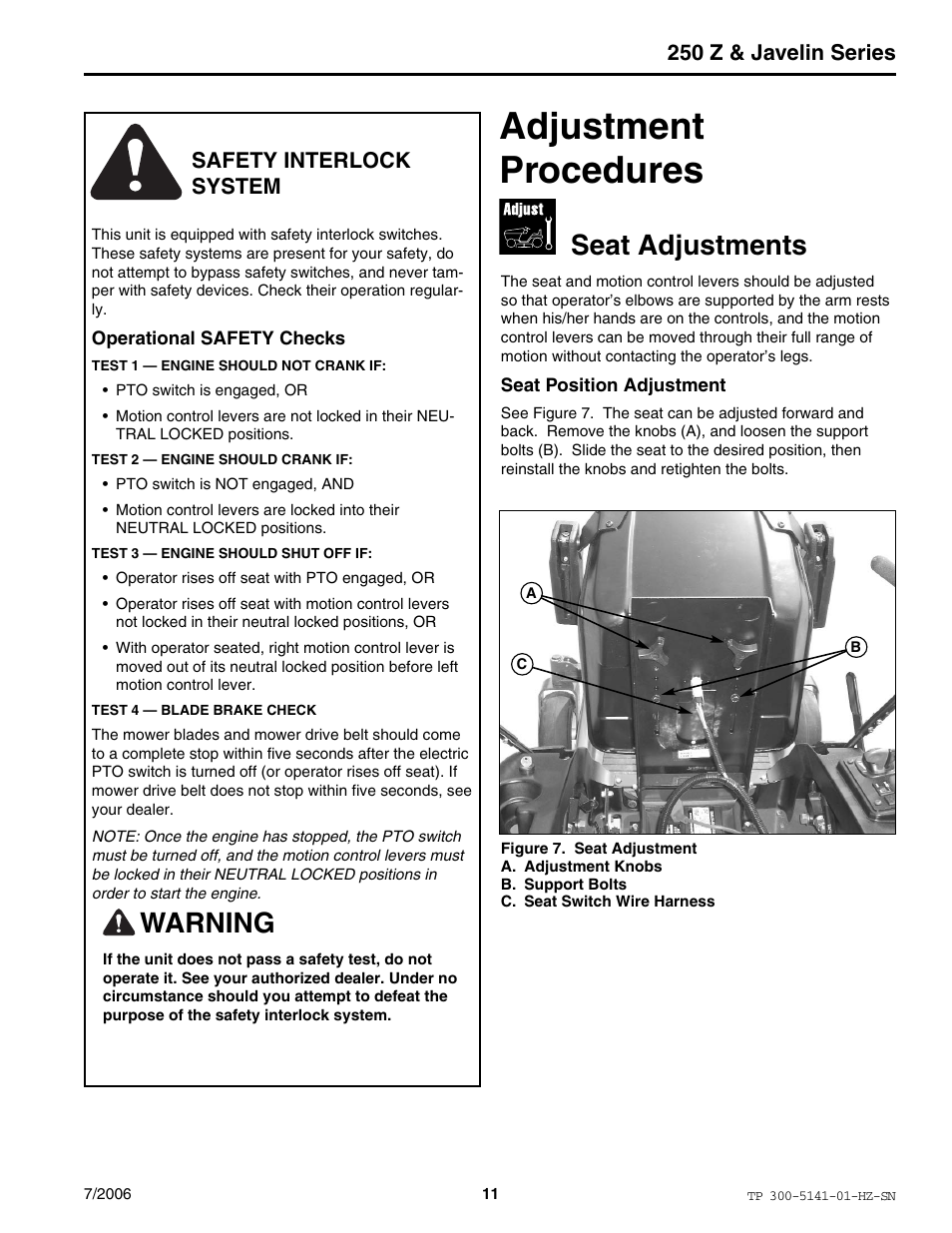 Adjustment procedures, Warning, Seat adjustments | 250 z & javelin series, Safety interlock system | Simplicity Manufacturing RZT22500BVE2 User Manual | Page 11 / 20