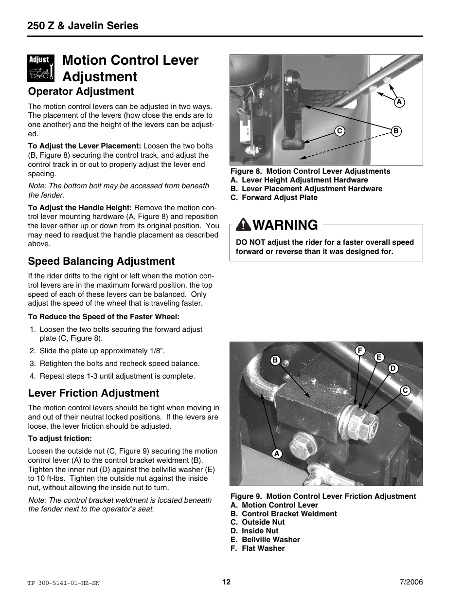 Motion control lever adjustment, Warning, 250 z & javelin series | Operator adjustment, Speed balancing adjustment, Lever friction adjustment | Simplicity Manufacturing RZT22500BVE2 User Manual | Page 12 / 20