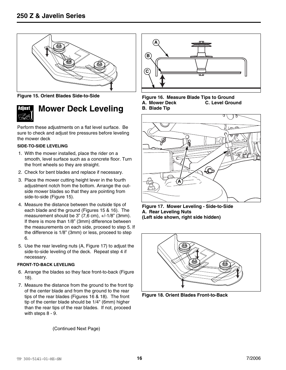 Mower deck leveling, 250 z & javelin series | Simplicity Manufacturing RZT22500BVE2 User Manual | Page 16 / 20