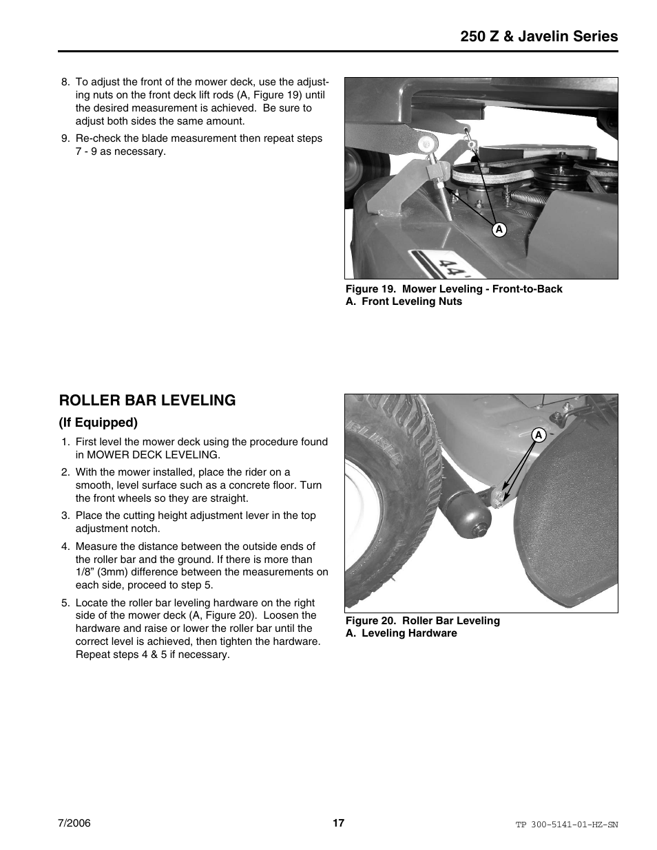 250 z & javelin series, Roller bar leveling | Simplicity Manufacturing RZT22500BVE2 User Manual | Page 17 / 20