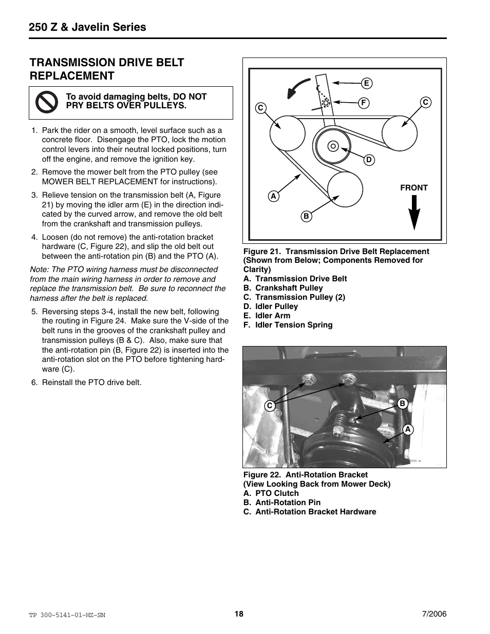 250 z & javelin series, Transmission drive belt replacement | Simplicity Manufacturing RZT22500BVE2 User Manual | Page 18 / 20