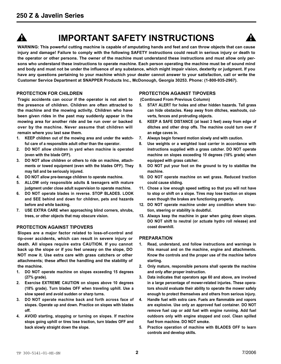 Important safety instructions, 250 z & javelin series | Simplicity Manufacturing RZT22500BVE2 User Manual | Page 2 / 20