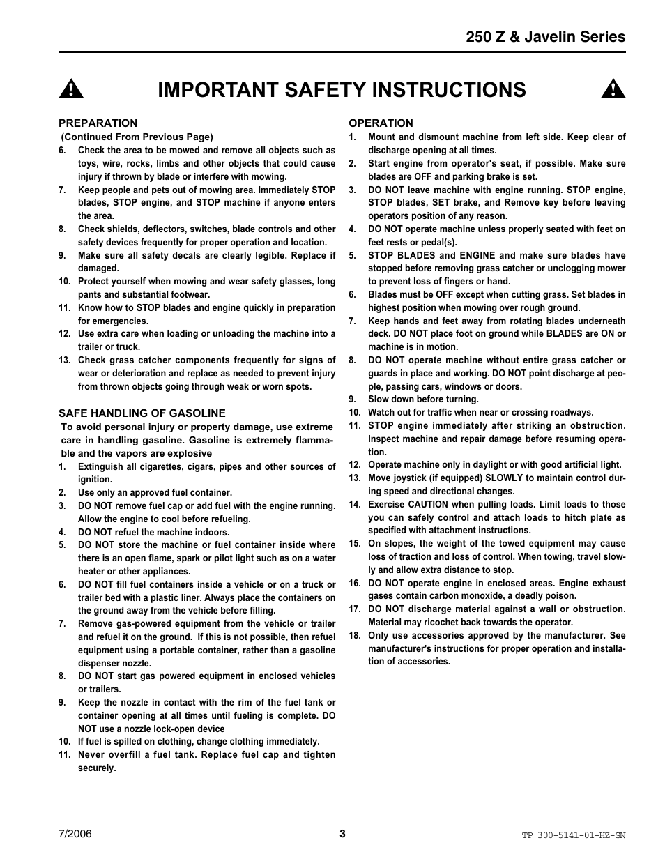 Important safety instructions, 250 z & javelin series | Simplicity Manufacturing RZT22500BVE2 User Manual | Page 3 / 20