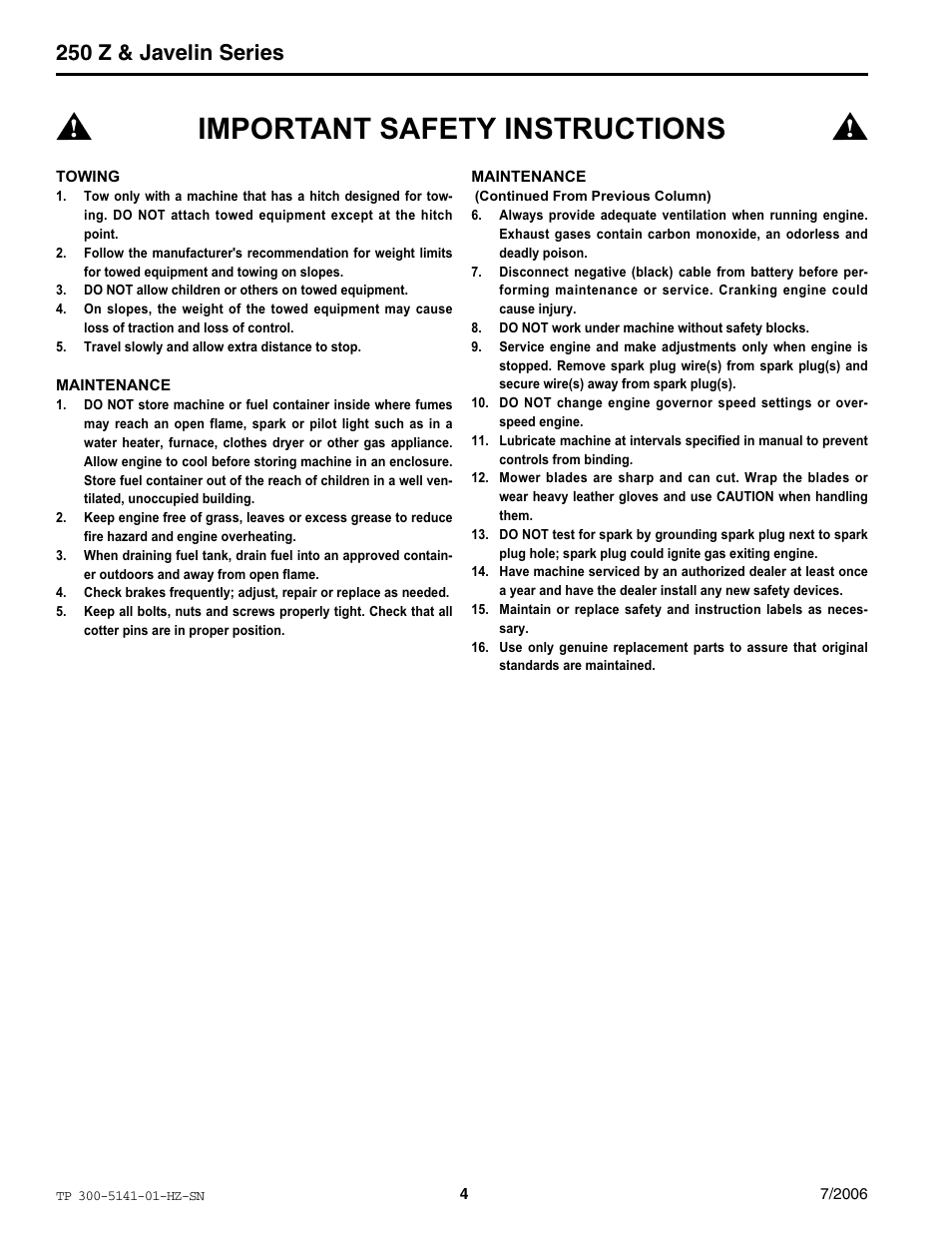 Important safety instructions, 250 z & javelin series | Simplicity Manufacturing RZT22500BVE2 User Manual | Page 4 / 20