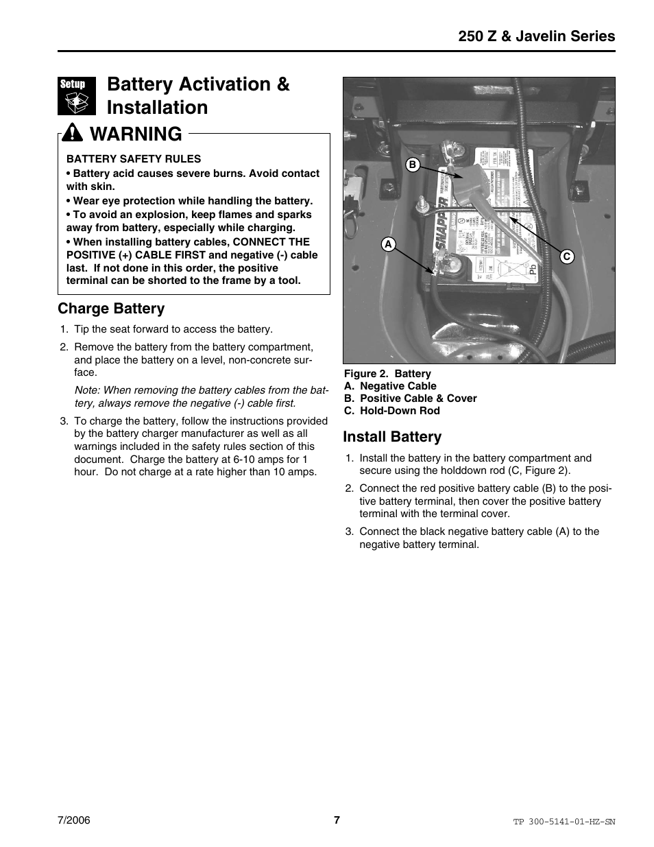 Battery activation & installation, Warning, 250 z & javelin series | Charge battery, Install battery | Simplicity Manufacturing RZT22500BVE2 User Manual | Page 7 / 20