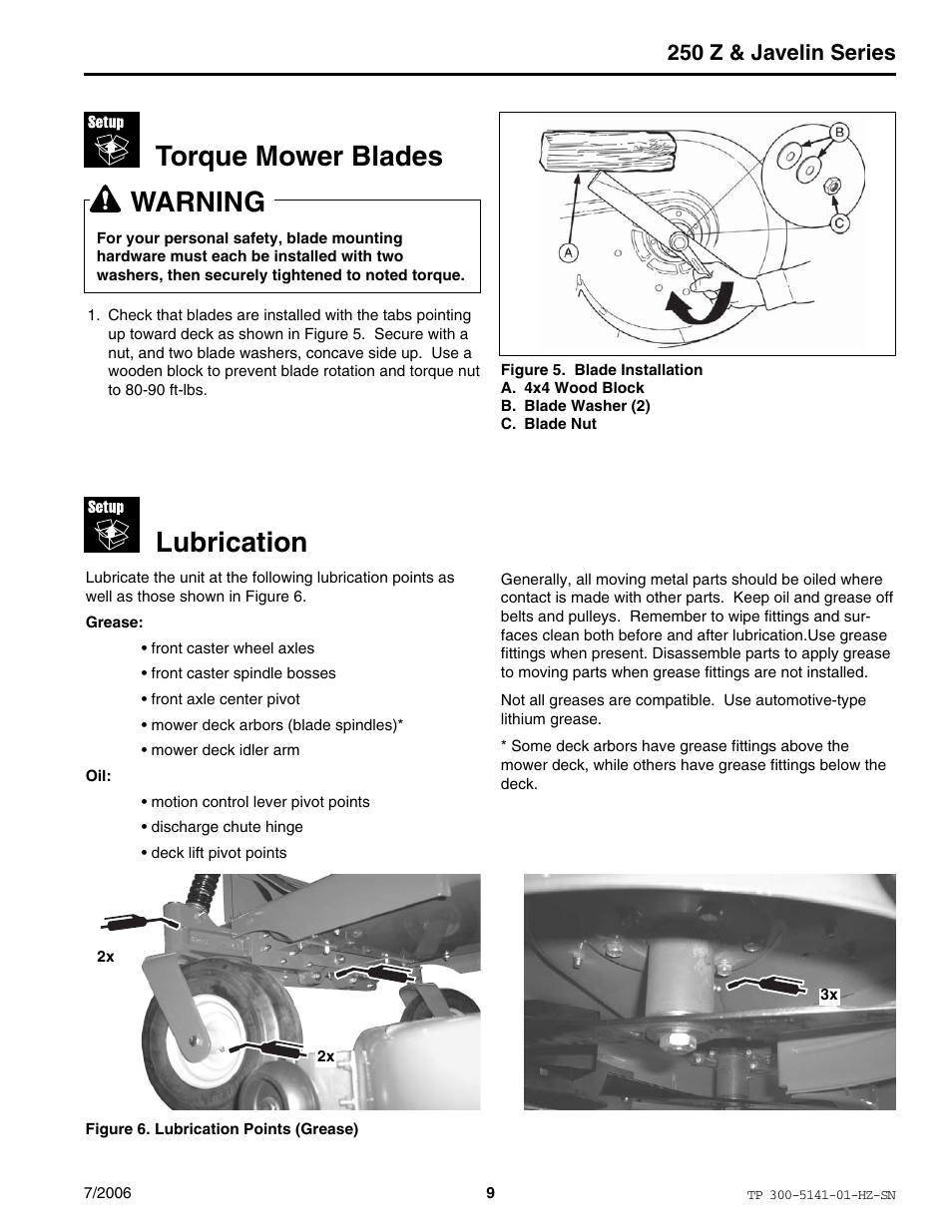Torque mower blades, Warning, Lubrication | 250 z & javelin series | Simplicity Manufacturing RZT22500BVE2 User Manual | Page 9 / 20