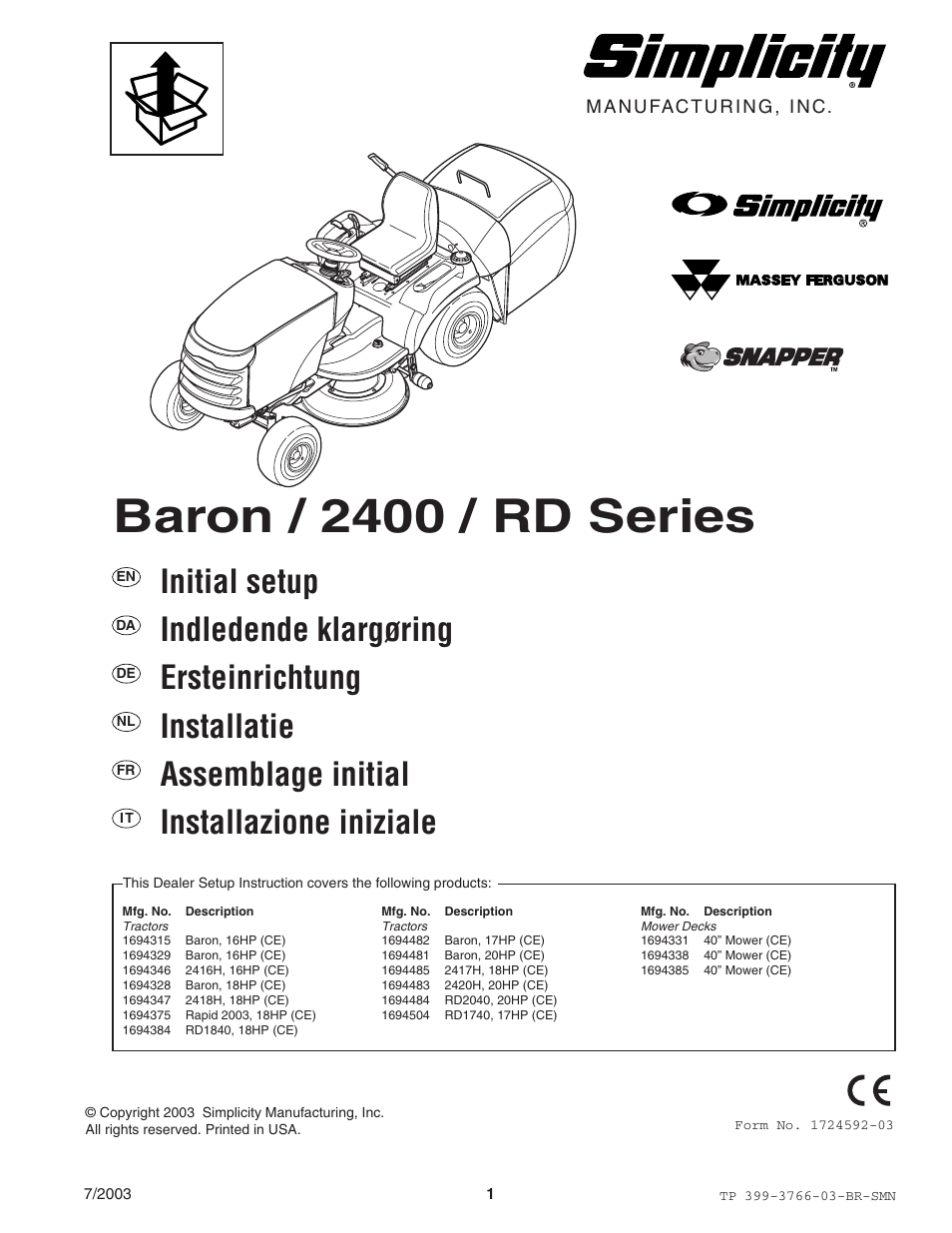 Simplicity Manufacturing 2400 User Manual | 22 pages