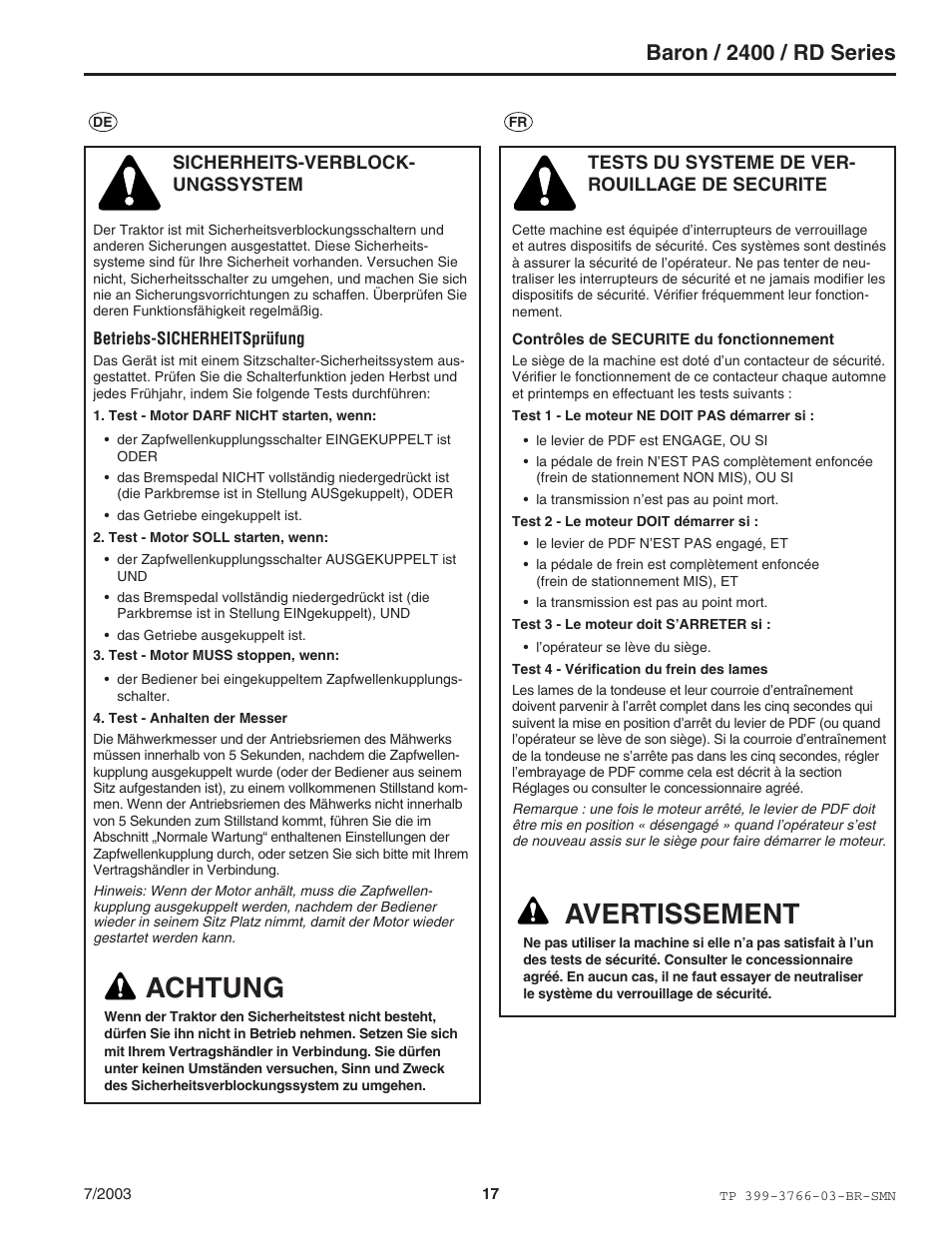 Achtung, Avertissement, Baron / 2400 / rd series | Simplicity Manufacturing 2400 User Manual | Page 17 / 22