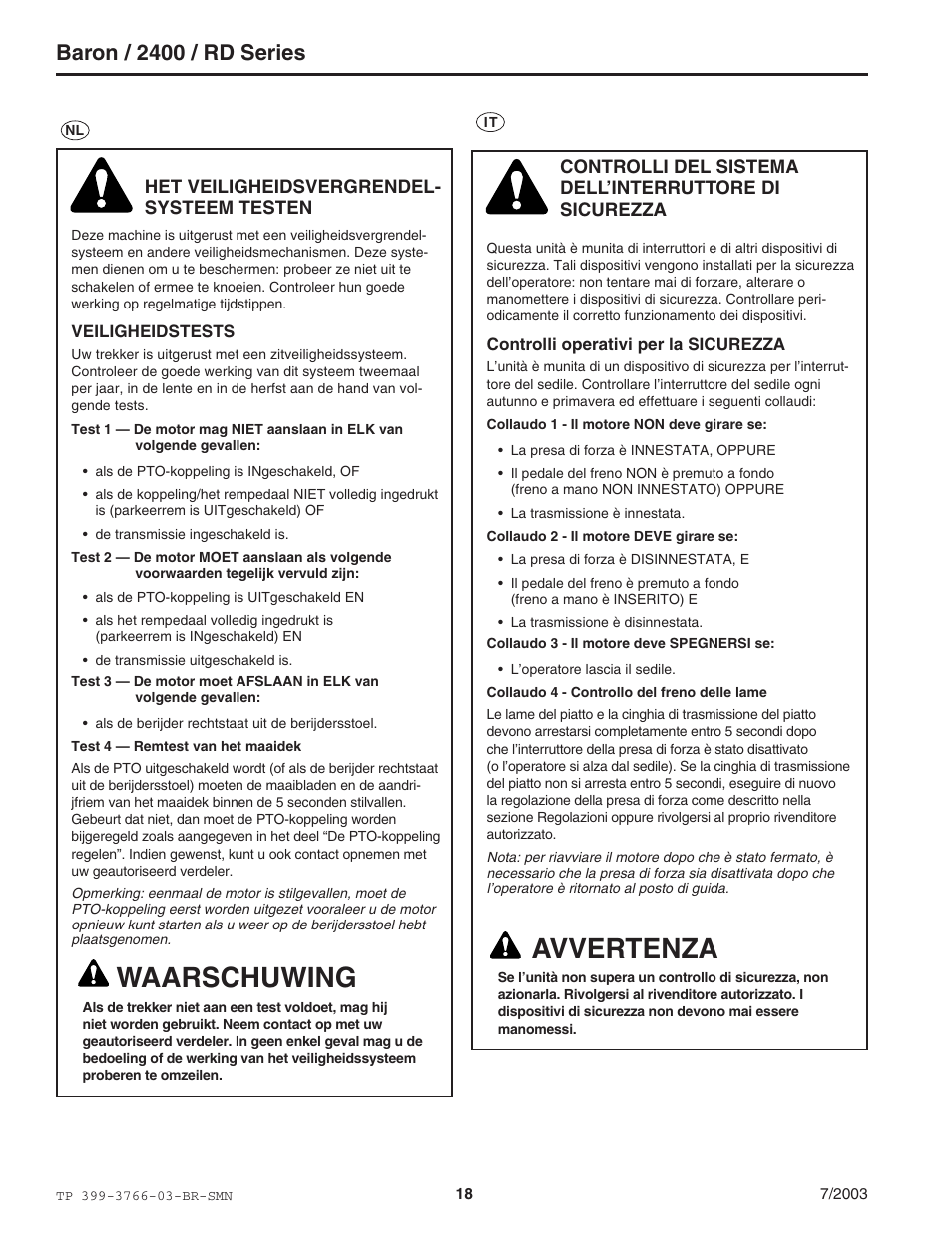 Waarschuwing, Avvertenza, Baron / 2400 / rd series | Simplicity Manufacturing 2400 User Manual | Page 18 / 22