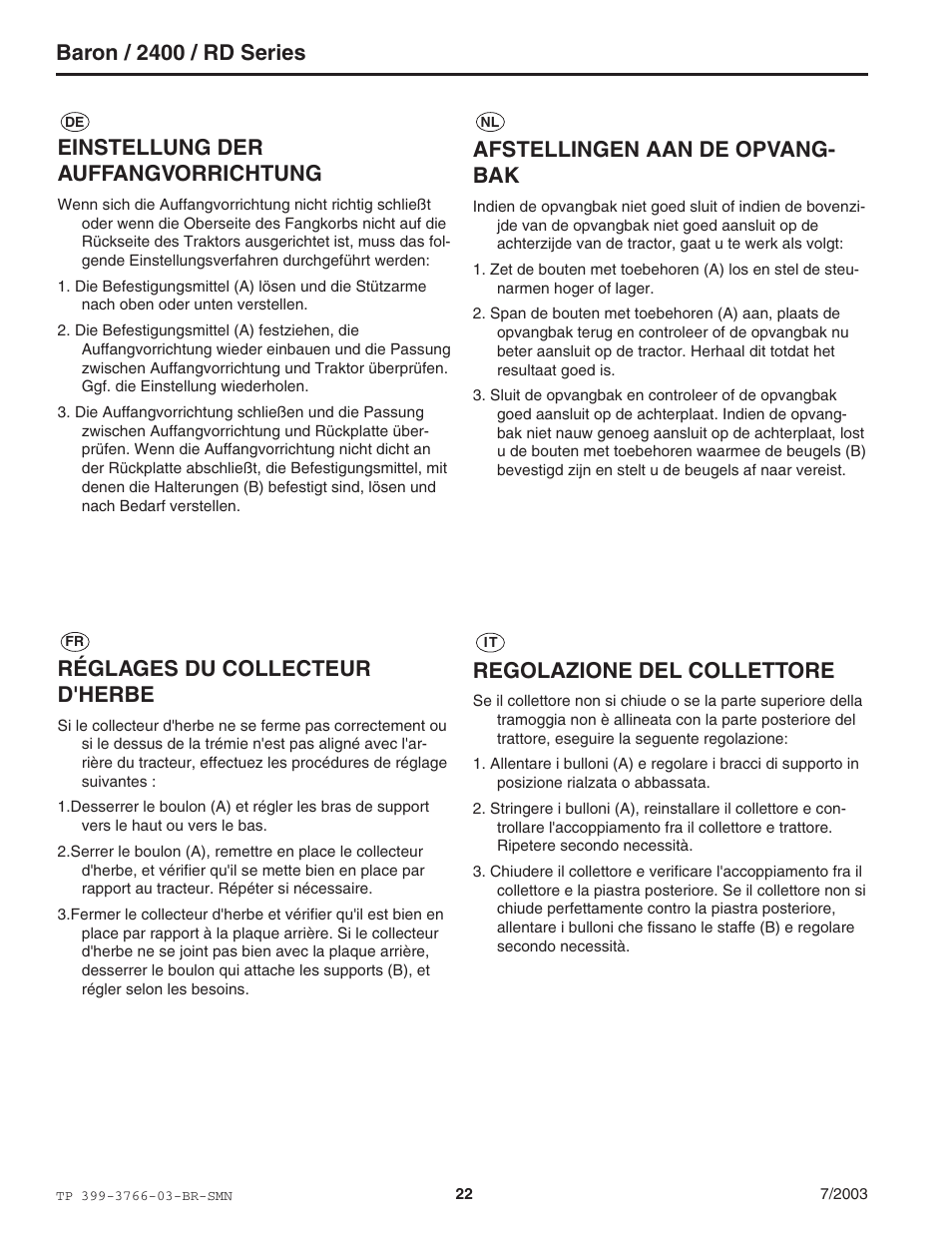Baron / 2400 / rd series, Einstellung der auffangvorrichtung, Afstellingen aan de opvang- bak | Réglages du collecteur d'herbe, Regolazione del collettore | Simplicity Manufacturing 2400 User Manual | Page 22 / 22