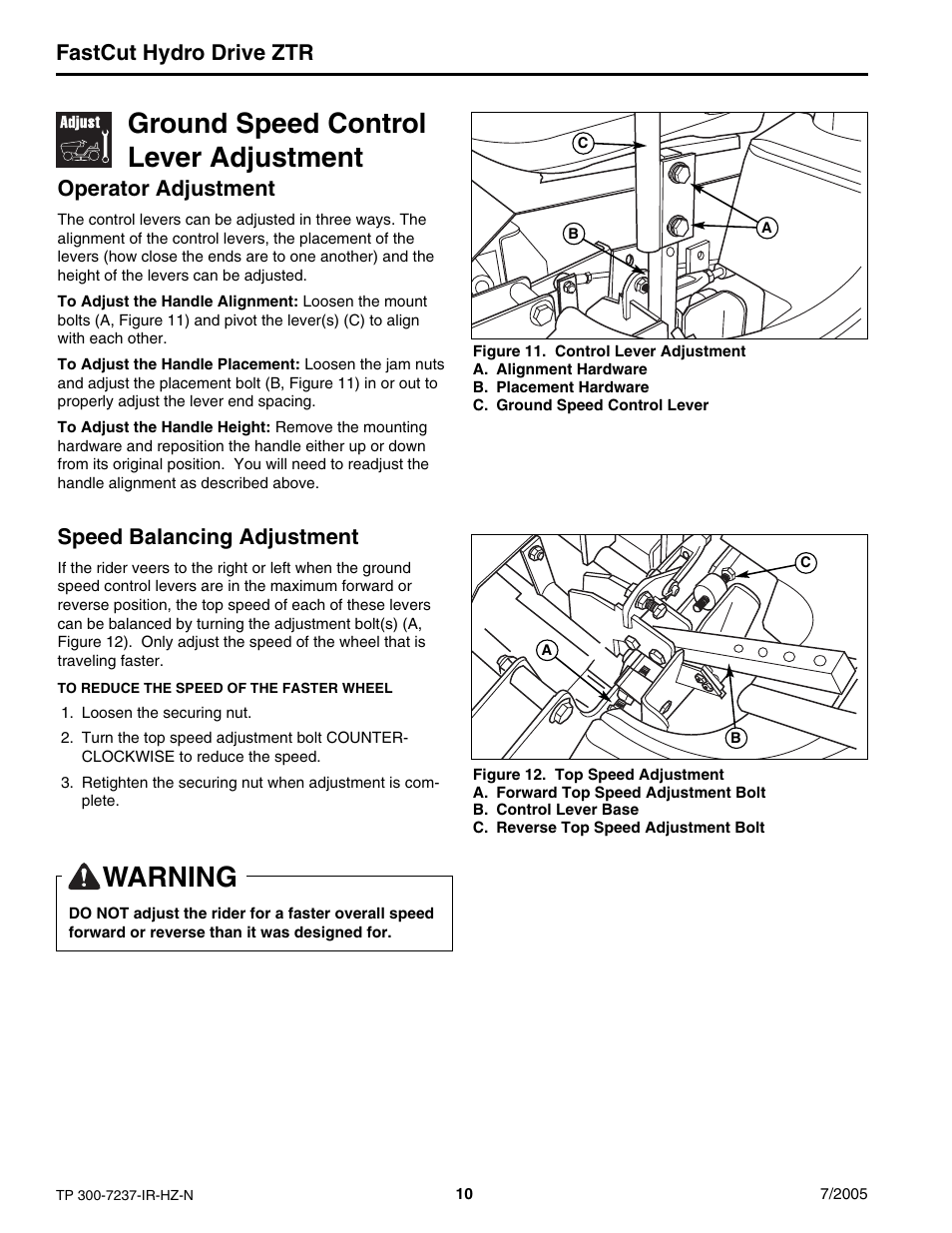 Ground speed control lever adjustment, Warning, Fastcut hydro drive ztr | Operator adjustment, Speed balancing adjustment | Simplicity Manufacturing 5900608 ZT18441KHC User Manual | Page 10 / 20