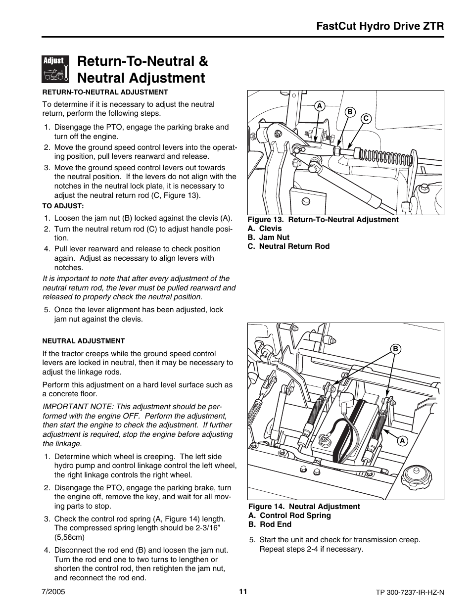 Return-to-neutral & neutral adjustment, Fastcut hydro drive ztr | Simplicity Manufacturing 5900608 ZT18441KHC User Manual | Page 11 / 20