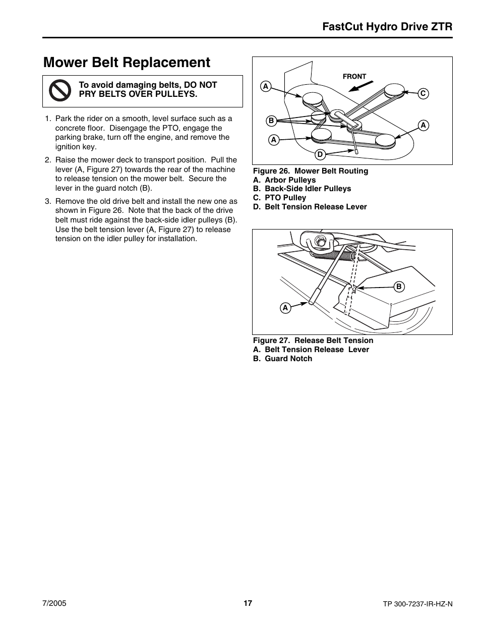 Mower belt replacement, Fastcut hydro drive ztr | Simplicity Manufacturing 5900608 ZT18441KHC User Manual | Page 17 / 20