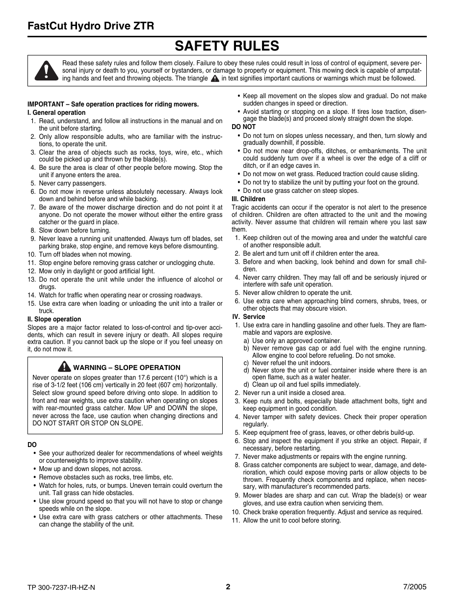 Safety rules, Fastcut hydro drive ztr | Simplicity Manufacturing 5900608 ZT18441KHC User Manual | Page 2 / 20