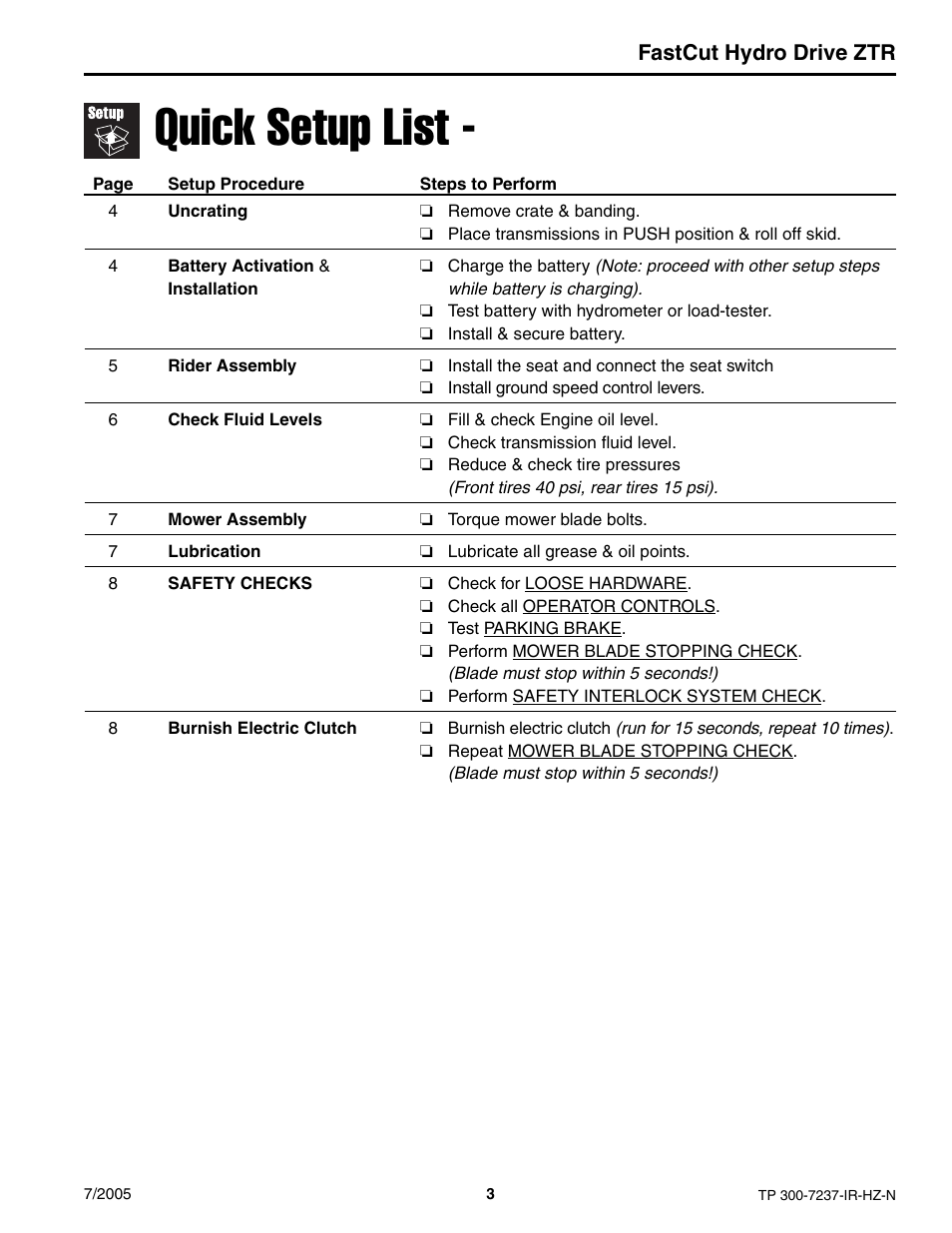 Quick setup list | Simplicity Manufacturing 5900608 ZT18441KHC User Manual | Page 3 / 20