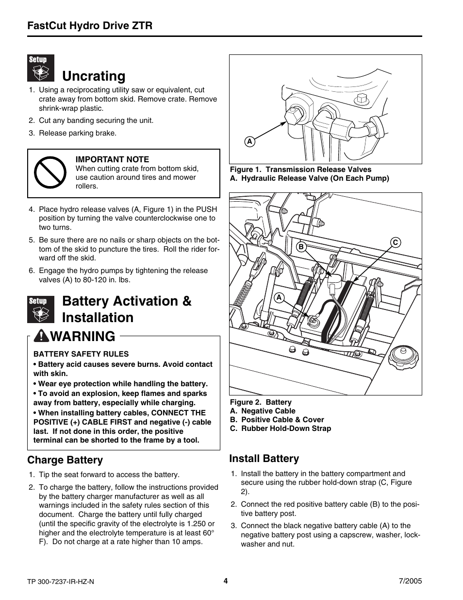 Uncrating, Battery activation & installation, Warning | Fastcut hydro drive ztr, Charge battery, Install battery | Simplicity Manufacturing 5900608 ZT18441KHC User Manual | Page 4 / 20