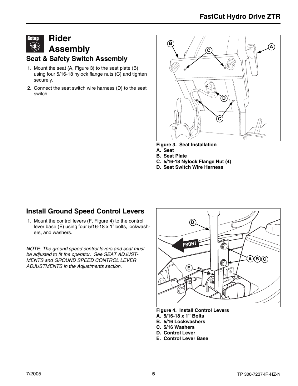 Rider assembly, Fastcut hydro drive ztr, Seat & safety switch assembly | Install ground speed control levers | Simplicity Manufacturing 5900608 ZT18441KHC User Manual | Page 5 / 20