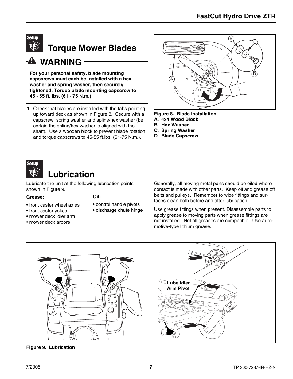 Torque mower blades, Warning, Lubrication | Fastcut hydro drive ztr | Simplicity Manufacturing 5900608 ZT18441KHC User Manual | Page 7 / 20