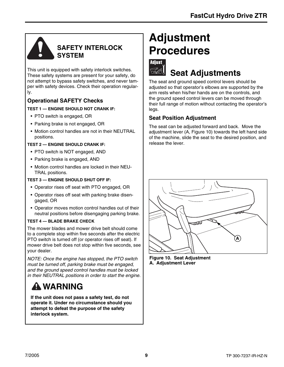 Adjustment procedures, Seat adjustments, Warning | Fastcut hydro drive ztr, Safety interlock system | Simplicity Manufacturing 5900608 ZT18441KHC User Manual | Page 9 / 20