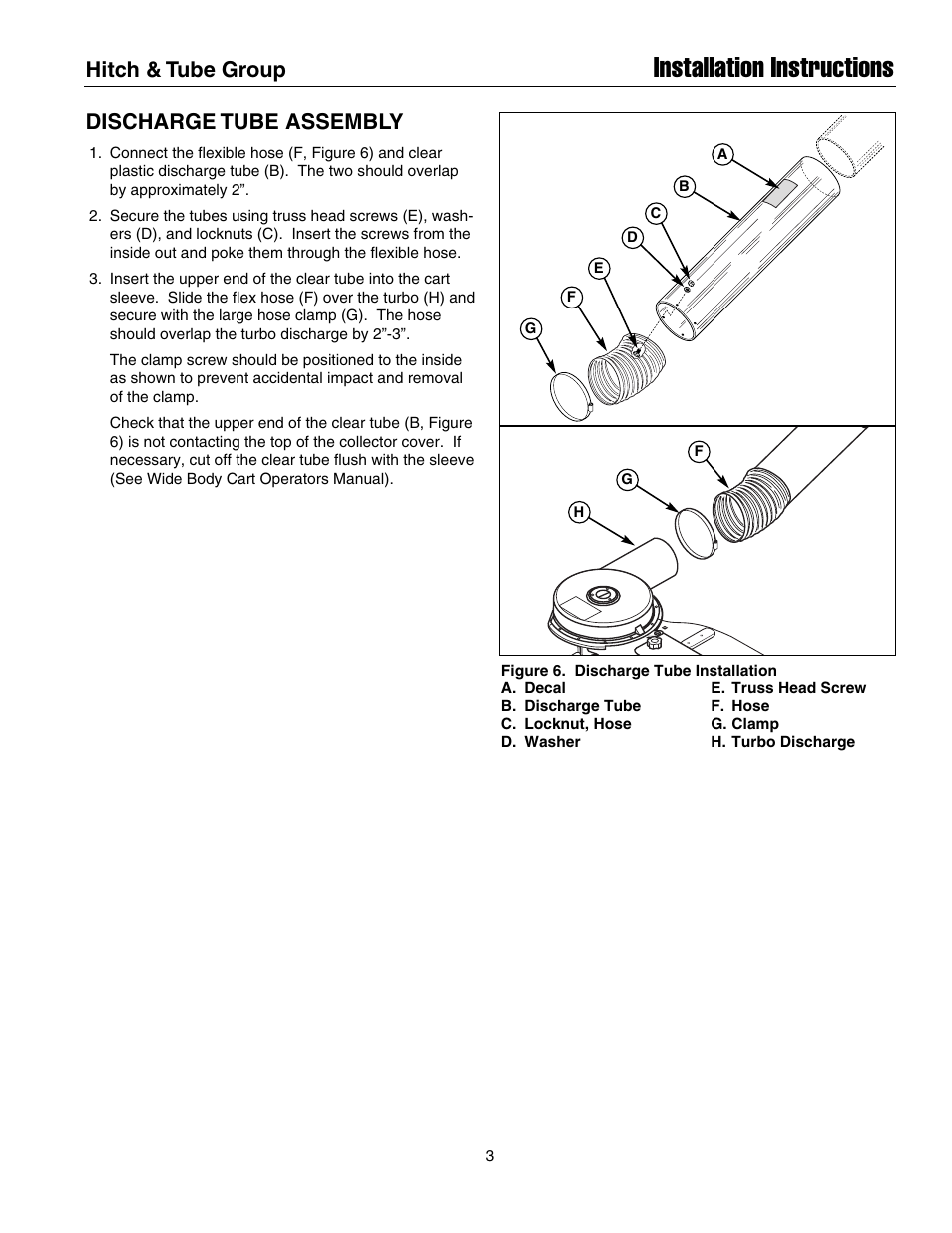 Installation instructions, Hitch & tube group, Discharge tube assembly | Simplicity Manufacturing LEGACY XL User Manual | Page 3 / 4