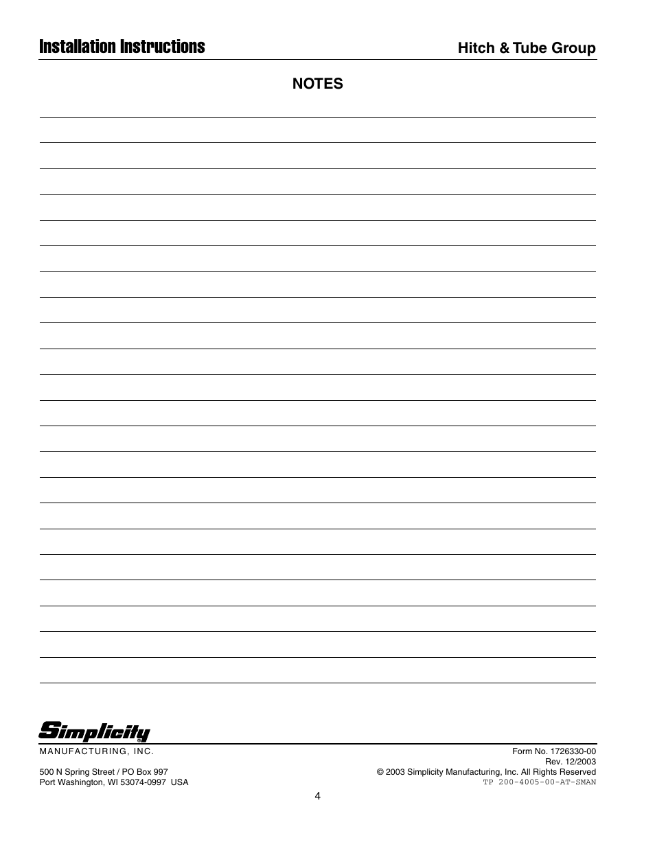 Installation instructions, Hitch & tube group | Simplicity Manufacturing LEGACY XL User Manual | Page 4 / 4