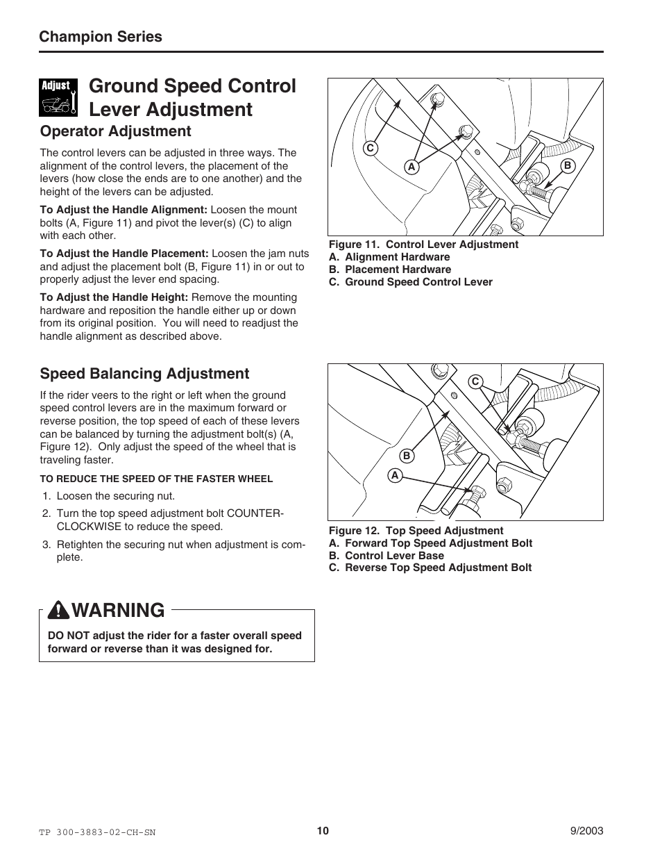 Ground speed control lever adjustment, Warning, Champion series | Operator adjustment, Speed balancing adjustment | Simplicity Manufacturing TP 300-3883-02-CH-SN User Manual | Page 10 / 18