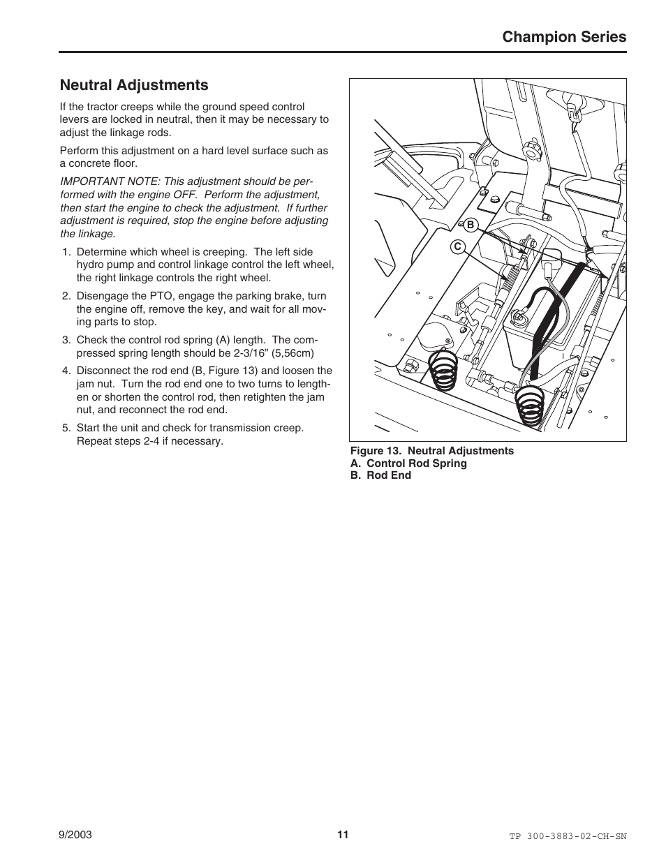 Champion series, Neutral adjustments | Simplicity Manufacturing TP 300-3883-02-CH-SN User Manual | Page 11 / 18