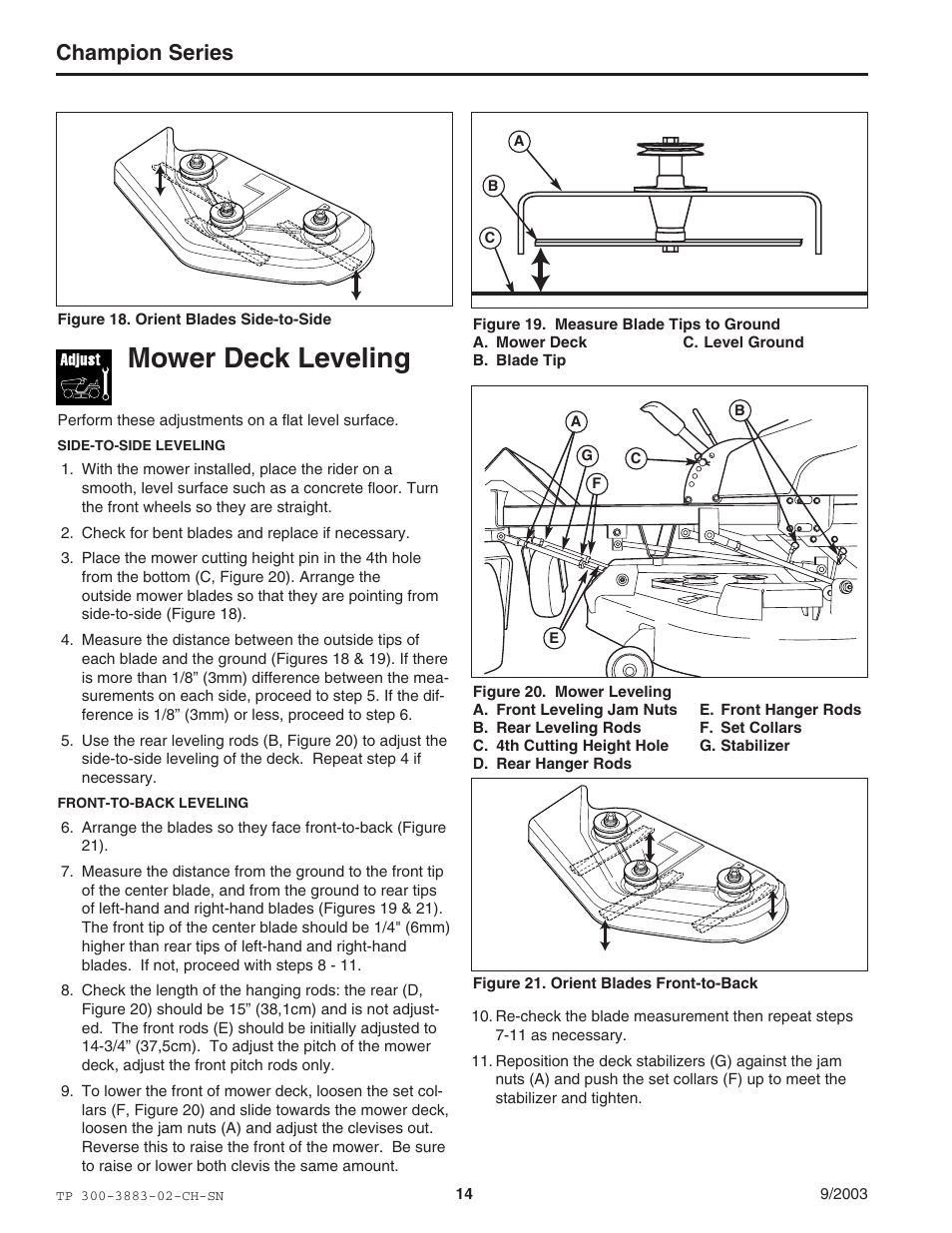 Mower deck leveling, Champion series | Simplicity Manufacturing TP 300-3883-02-CH-SN User Manual | Page 14 / 18