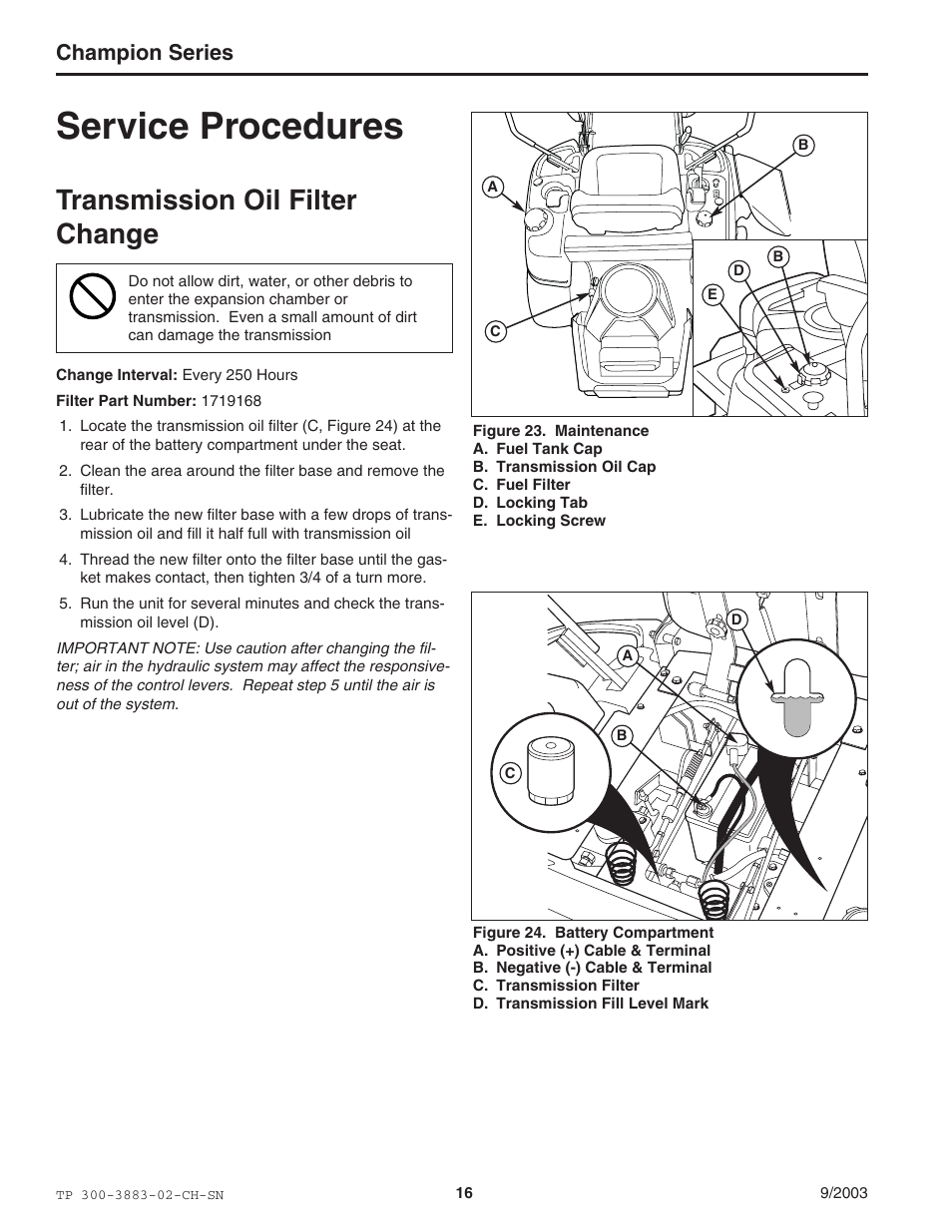 Service procedures, Transmission oil filter change, Champion series | Simplicity Manufacturing TP 300-3883-02-CH-SN User Manual | Page 16 / 18