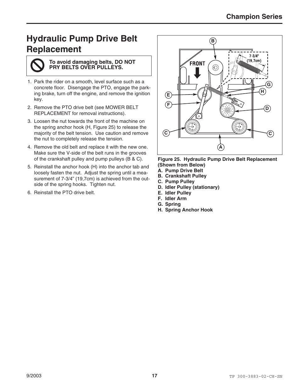 Hydraulic pump drive belt replacement, Champion series | Simplicity Manufacturing TP 300-3883-02-CH-SN User Manual | Page 17 / 18