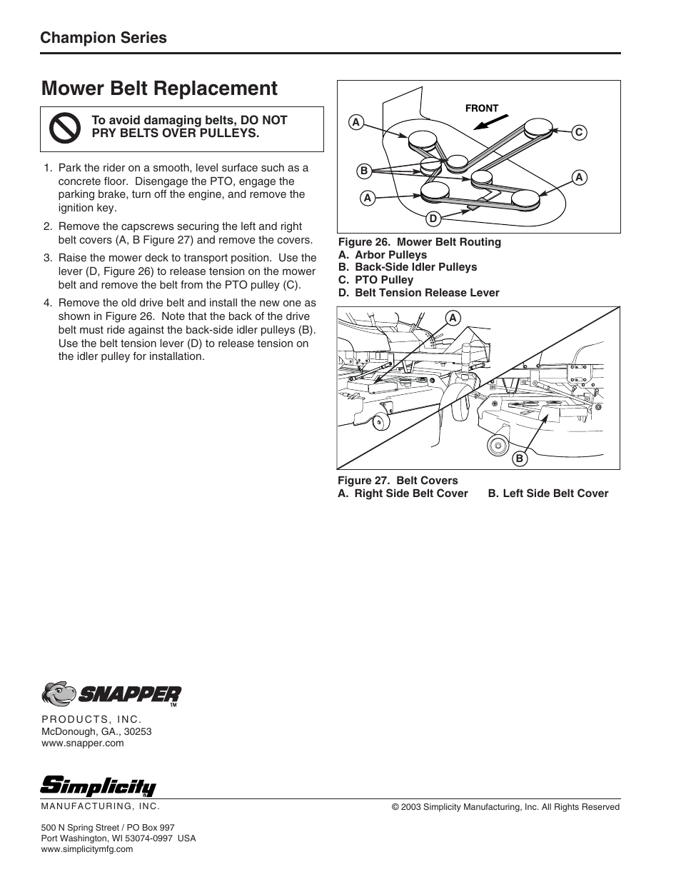 Mower belt replacement, Champion series | Simplicity Manufacturing TP 300-3883-02-CH-SN User Manual | Page 18 / 18