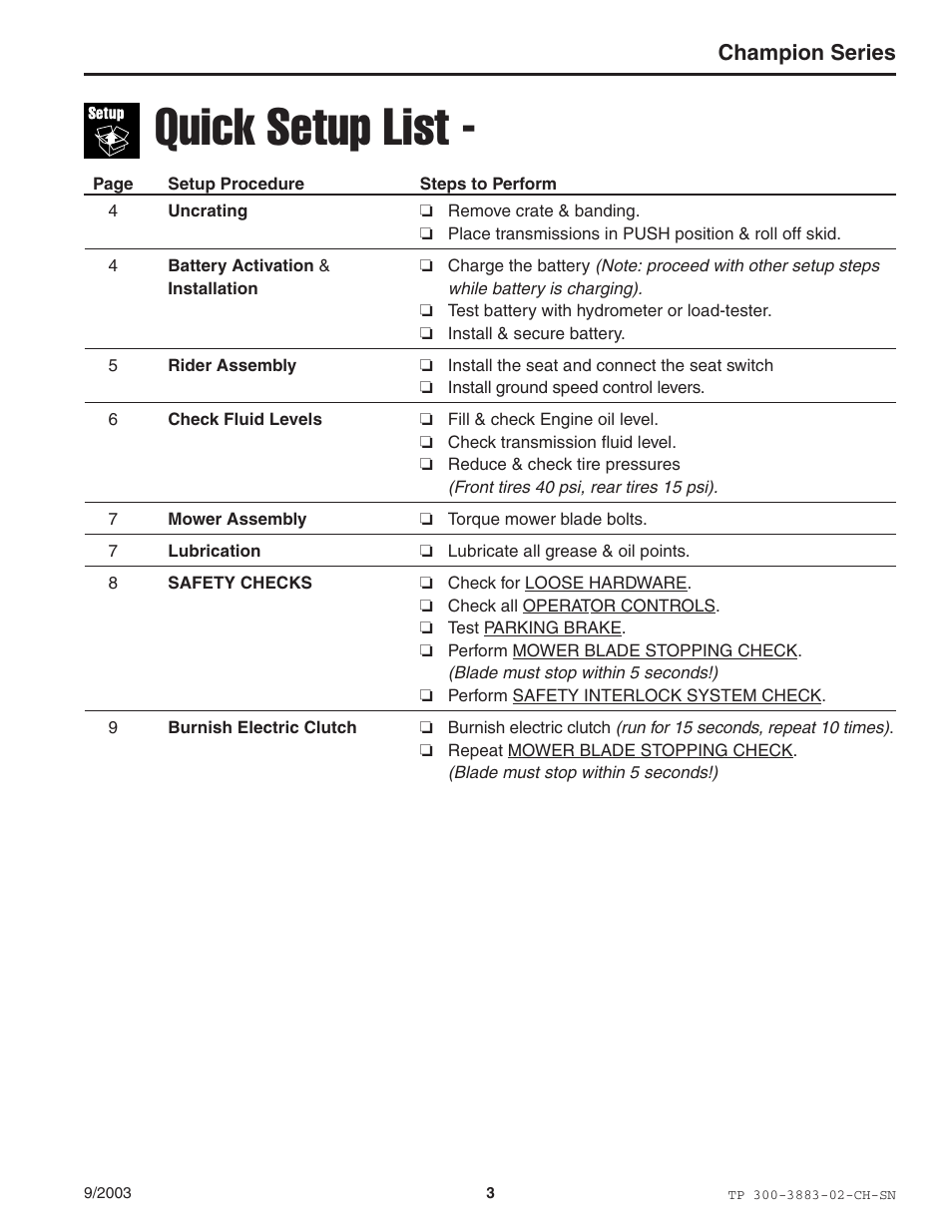 Quick setup list | Simplicity Manufacturing TP 300-3883-02-CH-SN User Manual | Page 3 / 18
