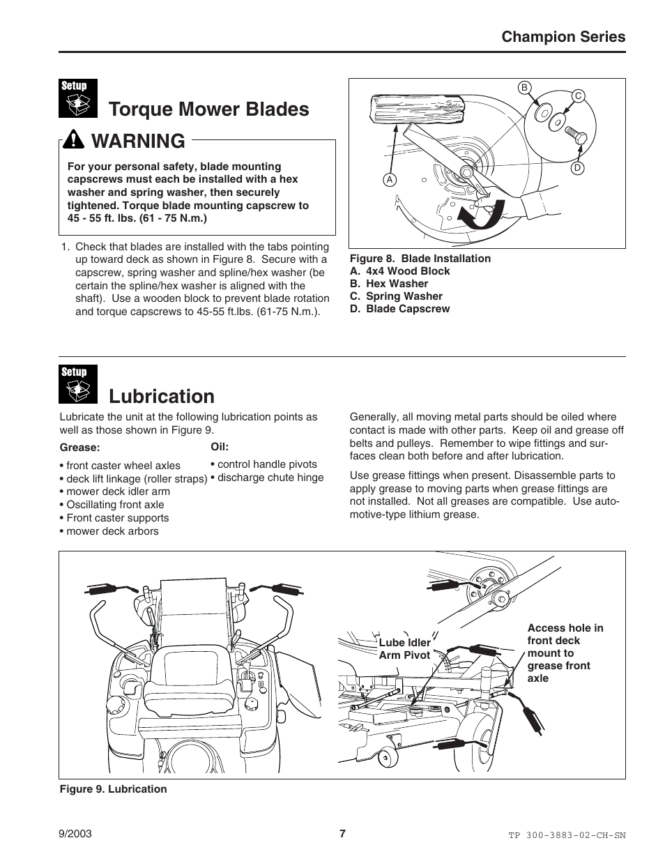 Torque mower blades, Warning, Lubrication | Champion series | Simplicity Manufacturing TP 300-3883-02-CH-SN User Manual | Page 7 / 18