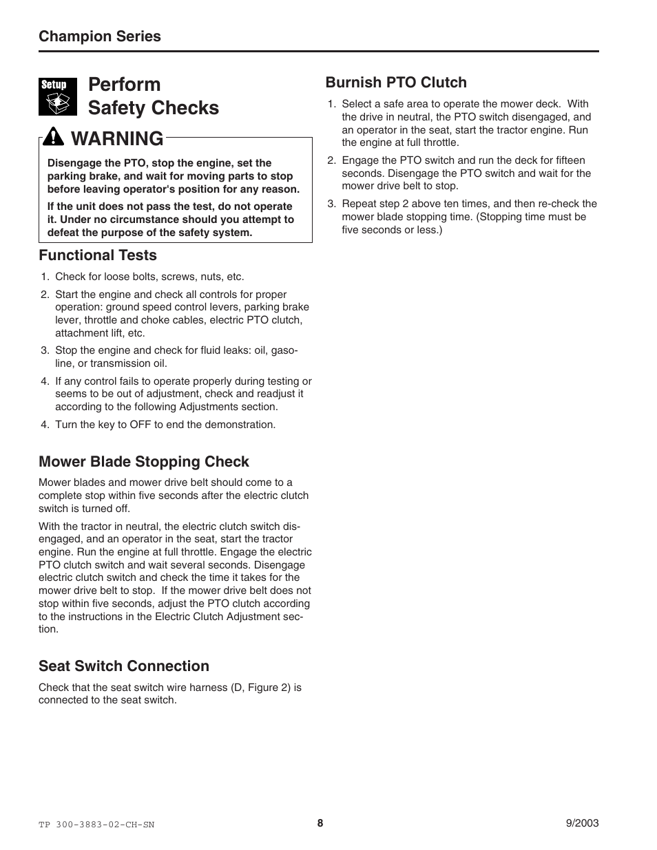 Perform safety checks, Warning, Champion series | Functional tests, Mower blade stopping check, Seat switch connection, Burnish pto clutch | Simplicity Manufacturing TP 300-3883-02-CH-SN User Manual | Page 8 / 18