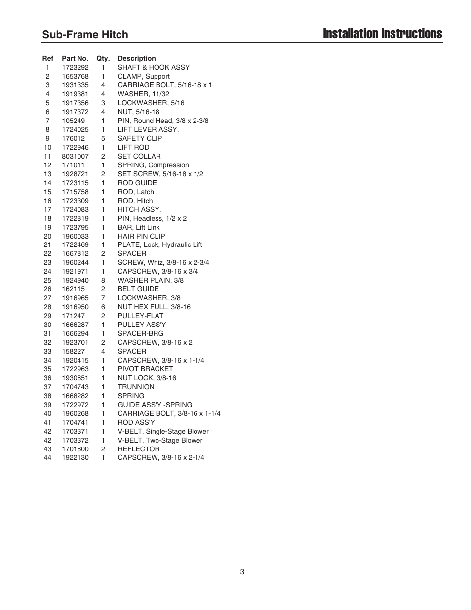 Installation instructions, Sub-frame hitch | Simplicity Manufacturing 1694286 User Manual | Page 3 / 10