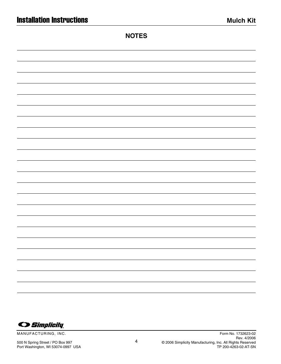 Installation instructions, Mulch kit | Simplicity Manufacturing 1695054 User Manual | Page 4 / 4