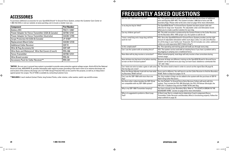 Frequently asked questions, Accessories | SportDOG In-Ground Fence 100A User Manual | Page 11 / 15