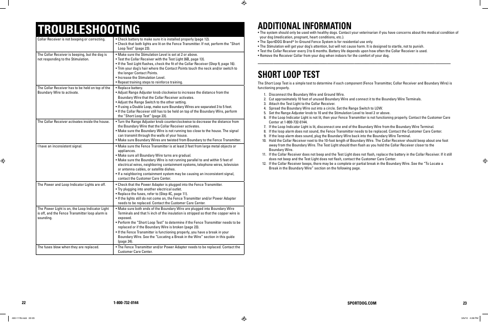 Troubleshooting, Additional information, Short loop test | SportDOG In-Ground Fence 100A User Manual | Page 12 / 15