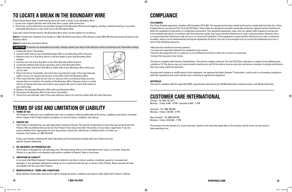 Terms of use and limitation of liability, Compliance, Customer care international | SportDOG In-Ground Fence 100A User Manual | Page 13 / 15