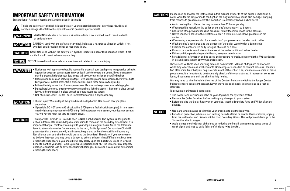 Important safety information, Warning, Caution | Notice | SportDOG In-Ground Fence 100A User Manual | Page 2 / 15