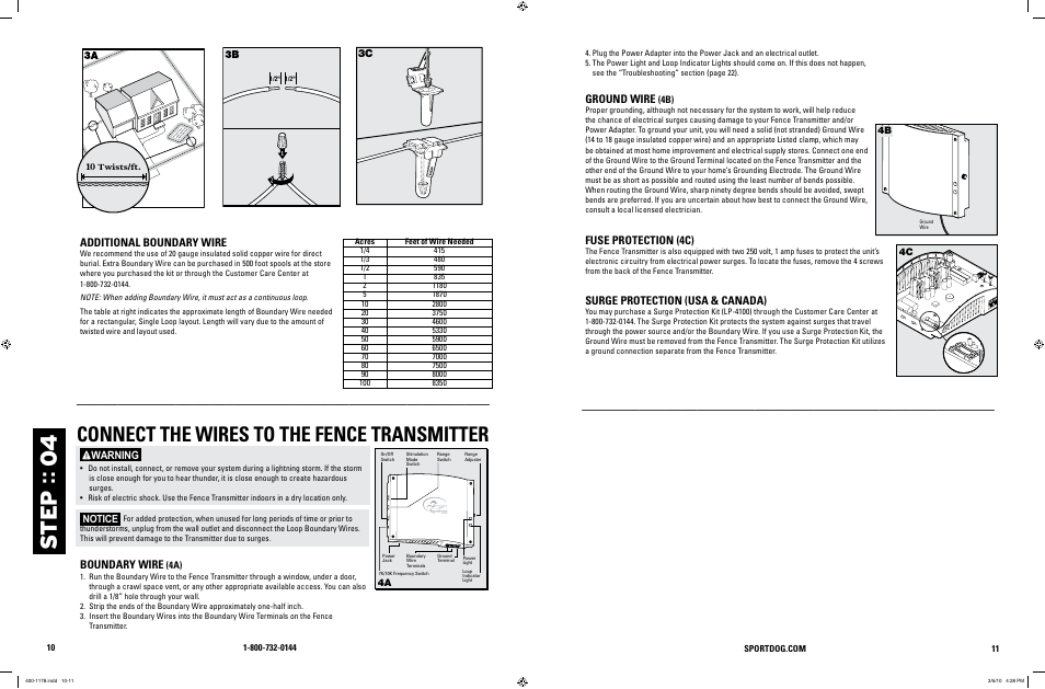 St e p :: 0 4, Connect the wires to the fence transmitter, Additional boundary wire | Boundary wire, Ground wire, Fuse protection (4c), Surge protection (usa & canada), Warning, Notice | SportDOG In-Ground Fence 100A User Manual | Page 6 / 15