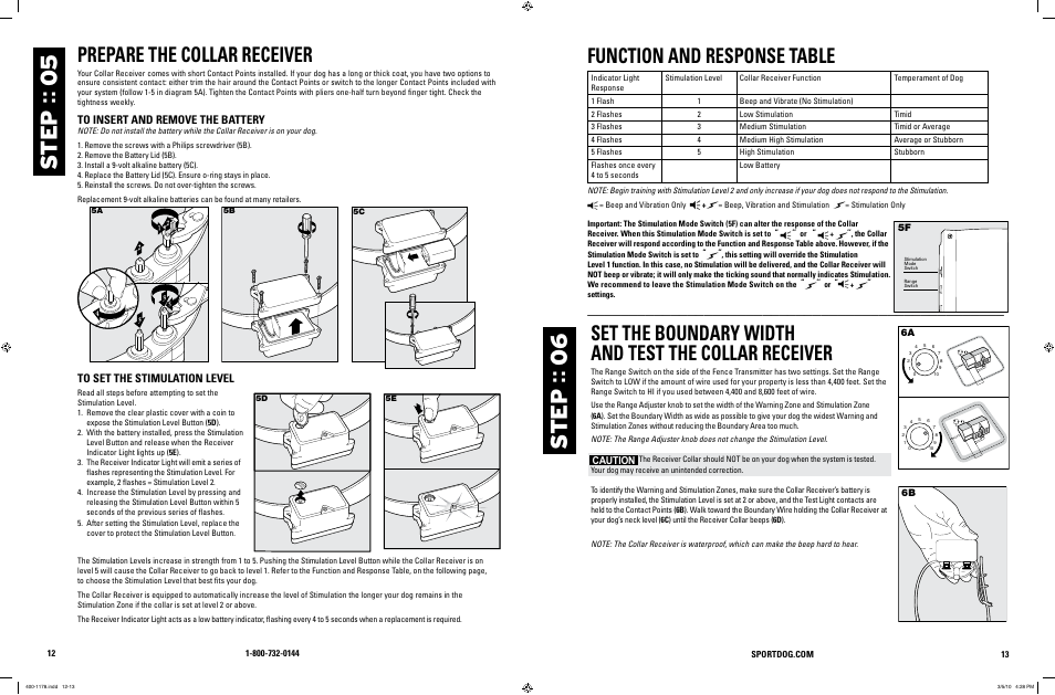 St e p :: 0 6, St e p :: 0 5, Prepare the collar receiver | Function and response table | SportDOG In-Ground Fence 100A User Manual | Page 7 / 15