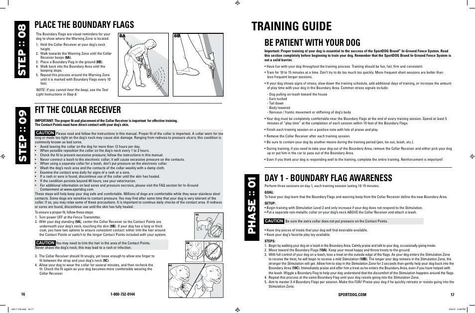 Training guide, Place the boundary flags, Fit the collar receiver | Be patient with your dog, Day 1 - boundary flag awareness | SportDOG In-Ground Fence 100A User Manual | Page 9 / 15