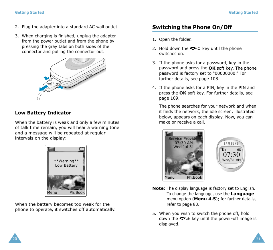 Switching the phone on/off | Samsung SGH-S105 User Manual | Page 12 / 73