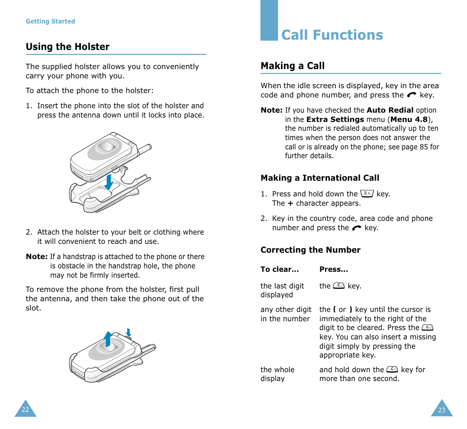 Call functions, Using the holster, Making a call | Samsung SGH-S105 User Manual | Page 13 / 73