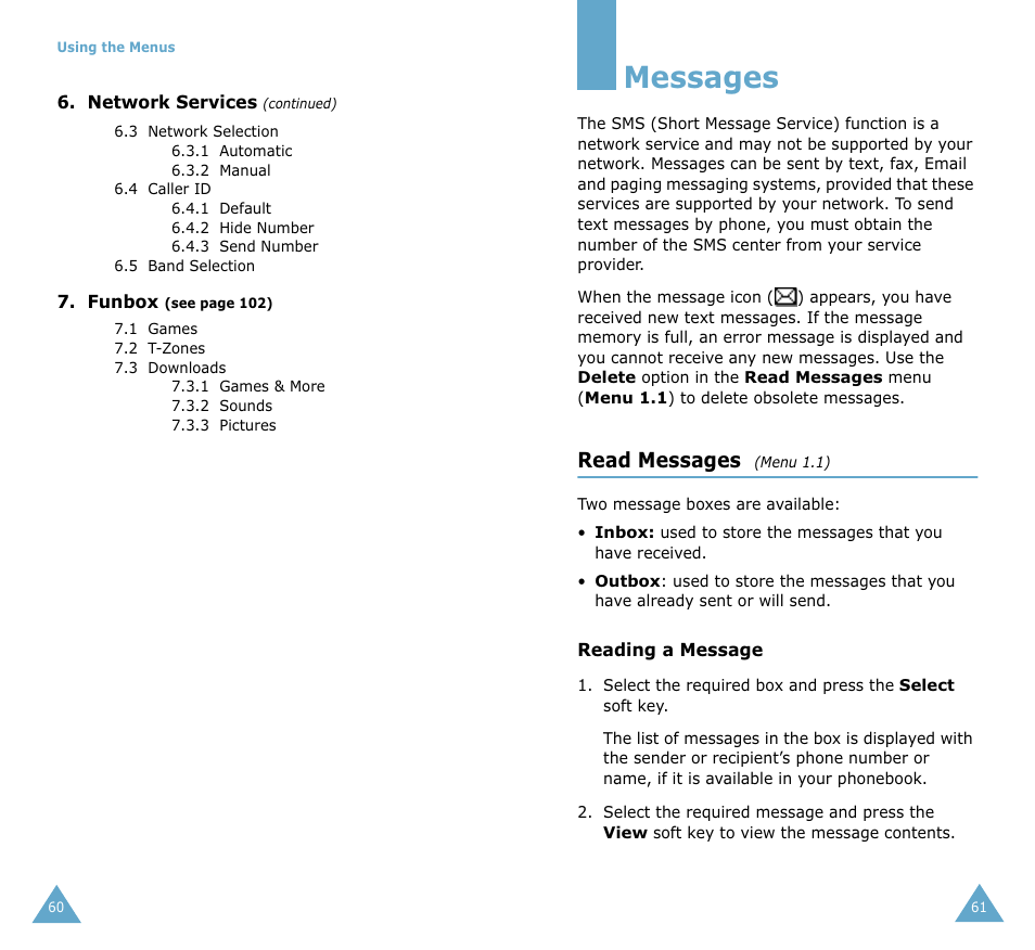Messages, Read messages | Samsung SGH-S105 User Manual | Page 33 / 73