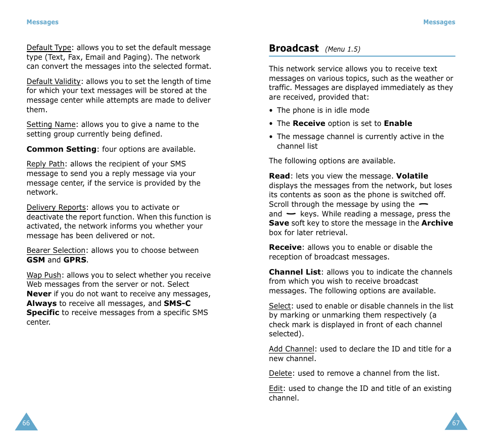 Broadcast | Samsung SGH-S105 User Manual | Page 36 / 73