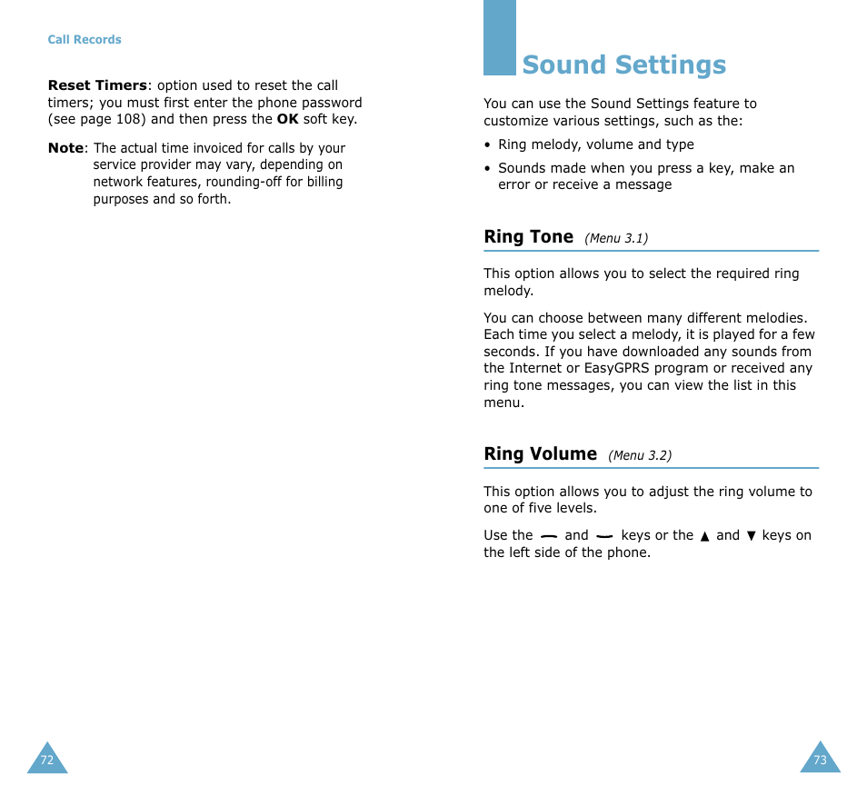 Sound settings, Ring tone, Ring volume | Samsung SGH-S105 User Manual | Page 39 / 73